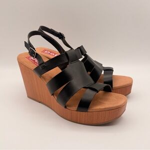 Pop Black Strappy Wedge Sandals Women’s Size 11 Wood Look Heel